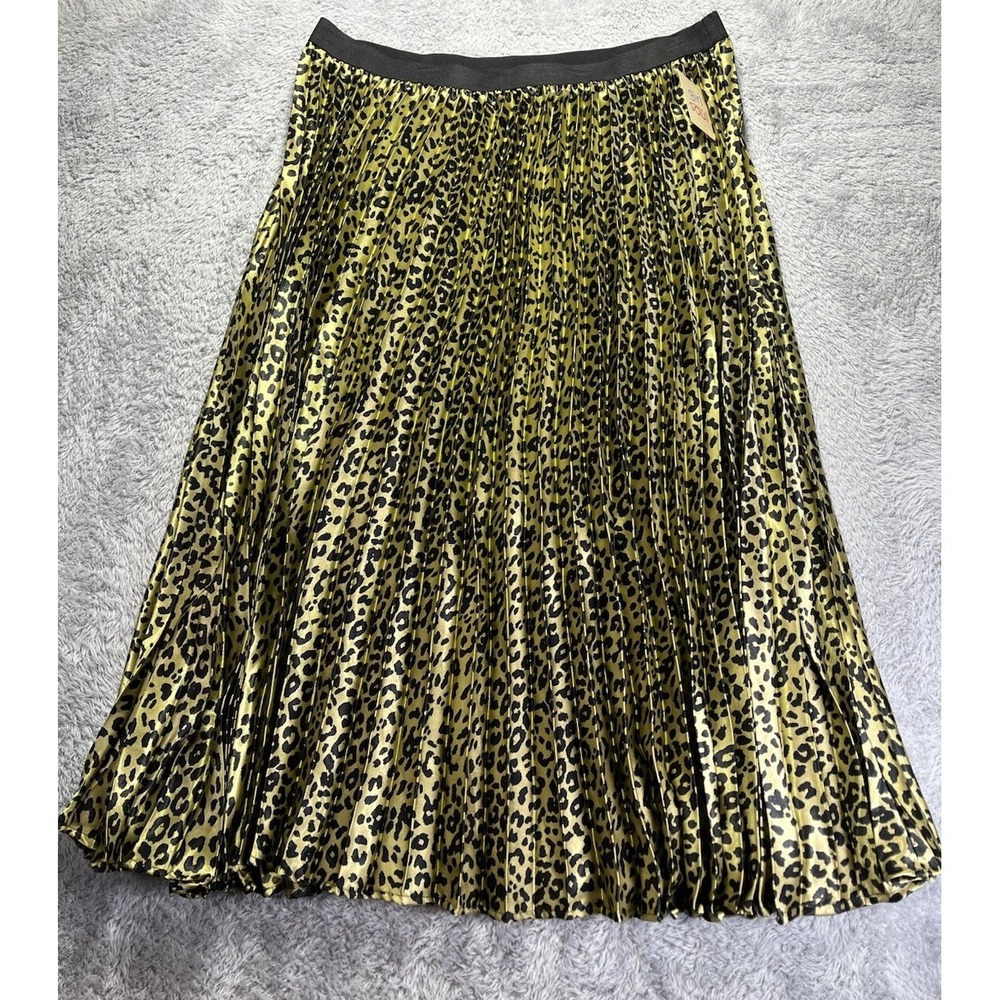 NWT Girl Soul Plus 3X Animal Print Pleated Midi Skirt Black Gold Elastic Waist